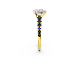 Yellow gold Pear Cut Diamond Cathedral Solitaire Ring with Round with Blue Sapphire side stone Pavé Band_14