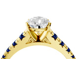 Yellow gold Pear Cut Diamond Cathedral Solitaire Ring with Round with Blue Sapphire side stone Pavé Band_16