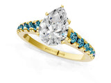 Yellow gold Pear Cut Diamond Cathedral Solitaire Ring with Round with Blue Topaz side stone Pavé Band_1