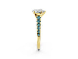 Yellow gold Pear Cut Diamond Cathedral Solitaire Ring with Round with Blue Topaz side stone Pavé Band_2