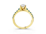 Yellow gold Pear Cut Diamond Cathedral Solitaire Ring with Round with Blue Topaz side stone Pavé Band_3