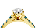 Yellow gold Pear Cut Diamond Cathedral Solitaire Ring with Round with Blue Topaz side stone Pavé Band_4