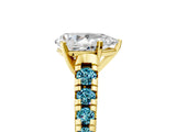 Yellow gold Pear Cut Diamond Cathedral Solitaire Ring with Round with Blue Topaz side stone Pavé Band_5
