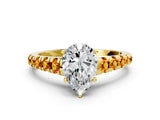 Yellow gold Pear Cut Diamond Cathedral Solitaire Ring with Round with Citrine side stone Pavé Band_24
