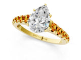Yellow gold Pear Cut Diamond Cathedral Solitaire Ring with Round with Citrine side stone Pavé Band_25