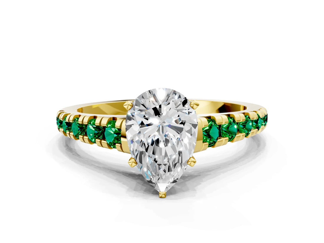 Yellow gold Pear Cut Diamond Cathedral Solitaire Ring with Round with Emerald side stone Pavé Band