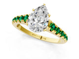Yellow gold Pear Cut Diamond Cathedral Solitaire Ring with Round with Emerald side stone Pavé Band_1
