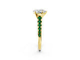 Yellow gold Pear Cut Diamond Cathedral Solitaire Ring with Round with Emerald side stone Pavé Band_2