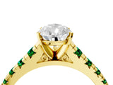 Yellow gold Pear Cut Diamond Cathedral Solitaire Ring with Round with Emerald side stone Pavé Band_4