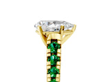 Yellow gold Pear Cut Diamond Cathedral Solitaire Ring with Round with Emerald side stone Pavé Band_5