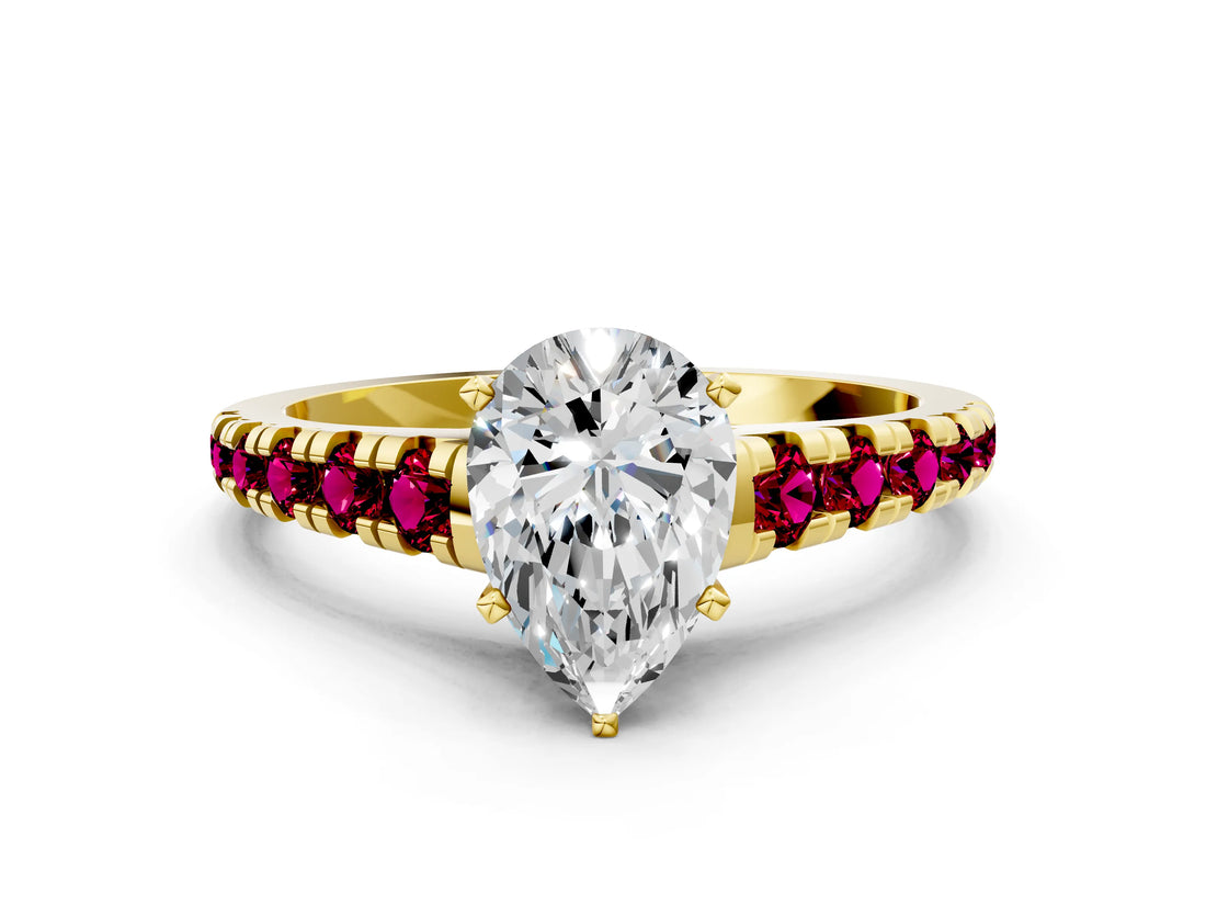 Yellow gold Pear Cut Diamond Cathedral Solitaire Ring with Round with Garnet side stone Pavé Band_12