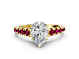 Yellow gold Pear Cut Diamond Cathedral Solitaire Ring with Round with Garnet side stone Pavé Band_12