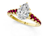 Yellow gold Pear Cut Diamond Cathedral Solitaire Ring with Round with Garnet side stone Pavé Band_13