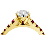 Yellow gold Pear Cut Diamond Cathedral Solitaire Ring with Round with Garnet side stone Pavé Band_16