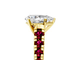 Yellow gold Pear Cut Diamond Cathedral Solitaire Ring with Round with Garnet side stone Pavé Band_17