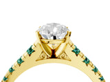 Yellow gold Pear Cut Diamond Cathedral Solitaire Ring with Round with Green Sapphire side stone Pavé Band_16