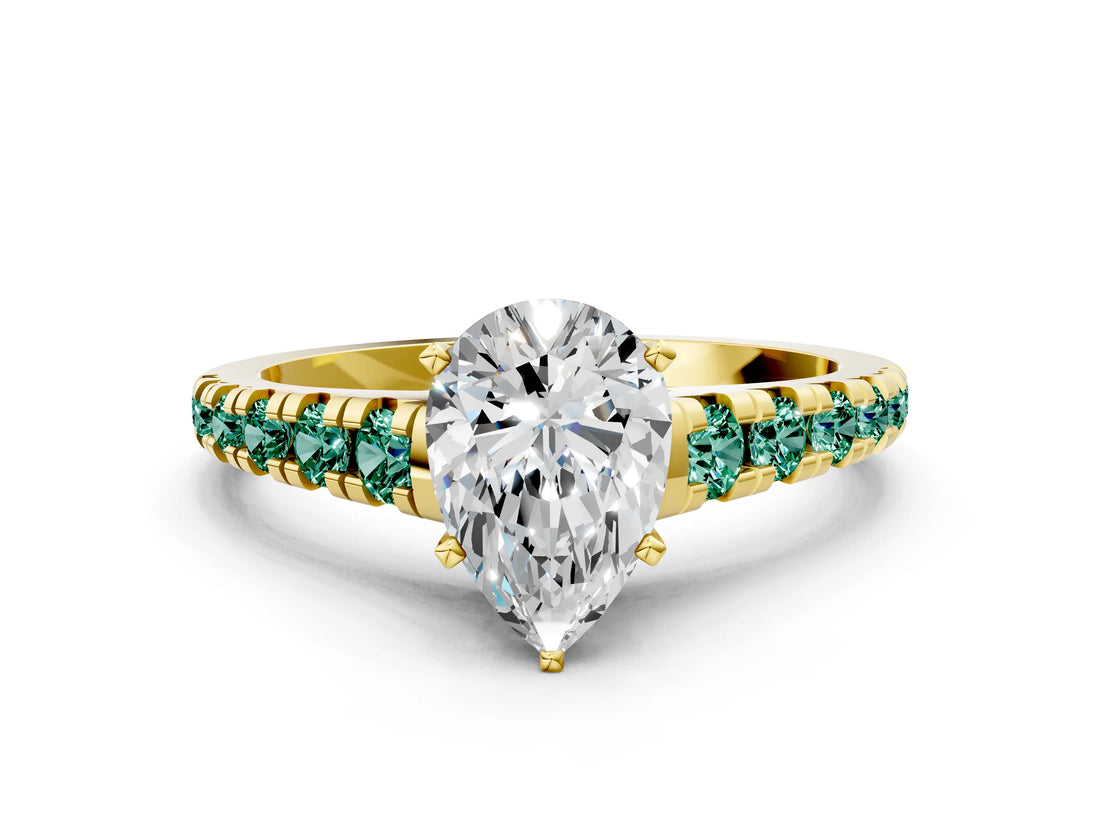 Yellow gold Pear Cut Diamond Cathedral Solitaire Ring with Round with Green Sapphire side stone Pavé Band_23