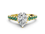 Yellow gold Pear Cut Diamond Cathedral Solitaire Ring with Round with Green Sapphire side stone Pavé Band_23