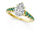 Yellow gold Pear Cut Diamond Cathedral Solitaire Ring with Round with Green Sapphire side stone Pavé Band_24