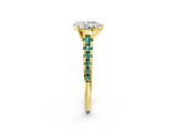 Yellow gold Pear Cut Diamond Cathedral Solitaire Ring with Round with Green Sapphire side stone Pavé Band_25