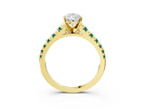 Yellow gold Pear Cut Diamond Cathedral Solitaire Ring with Round with Green Sapphire side stone Pavé Band_26