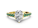 Yellow gold Pear Cut Diamond Cathedral Solitaire Ring with Round with Green Sapphire side stone Pavé Band_35