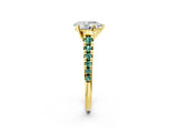 Yellow gold Pear Cut Diamond Cathedral Solitaire Ring with Round with Green Sapphire side stone Pavé Band_37