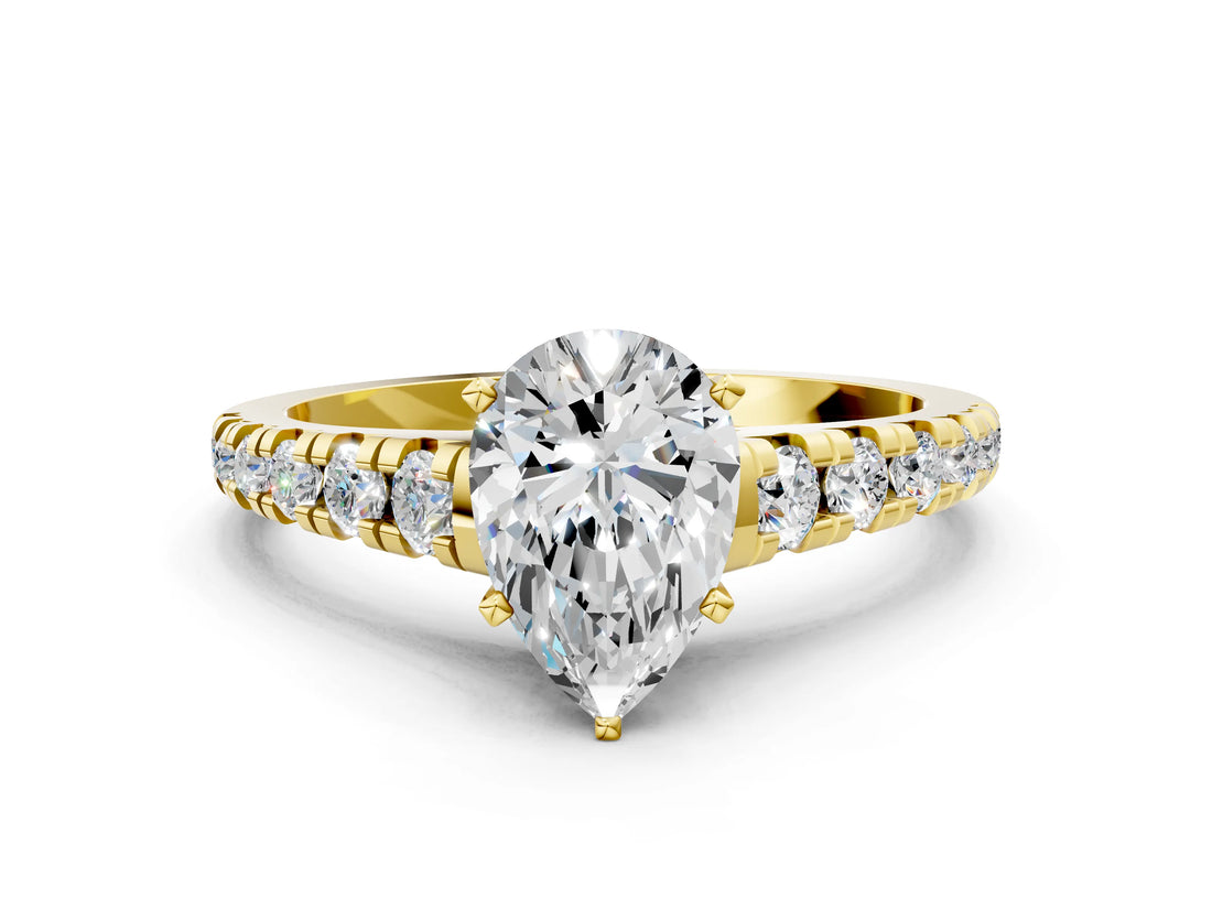 Yellow gold Pear Cut Diamond Cathedral Solitaire Ring with Round with Moissanite side stone Pavé Band_12