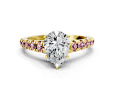 Yellow gold Pear Cut Diamond Cathedral Solitaire Ring with Round with Morganite side stone Pavé Band_12