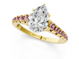 Yellow gold Pear Cut Diamond Cathedral Solitaire Ring with Round with Morganite side stone Pavé Band_13