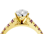 Yellow gold Pear Cut Diamond Cathedral Solitaire Ring with Round with Morganite side stone Pavé Band_16