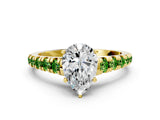 Yellow gold Pear Cut Diamond Cathedral Solitaire Ring with Round with Peridot side stone Pavé Band