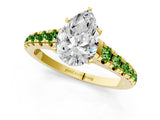Yellow gold Pear Cut Diamond Cathedral Solitaire Ring with Round with Peridot side stone Pavé Band_1