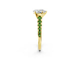 Yellow gold Pear Cut Diamond Cathedral Solitaire Ring with Round with Peridot side stone Pavé Band_2