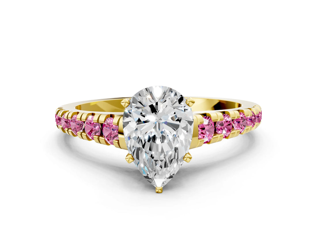 Yellow gold Pear Cut Diamond Cathedral Solitaire Ring with Round with Pink Sapphire side stone Pavé Band_36