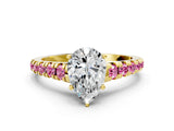 Yellow gold Pear Cut Diamond Cathedral Solitaire Ring with Round with Pink Sapphire side stone Pavé Band_36