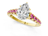 Yellow gold Pear Cut Diamond Cathedral Solitaire Ring with Round with Pink Sapphire side stone Pavé Band_37