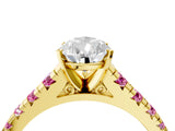 Yellow gold Pear Cut Diamond Cathedral Solitaire Ring with Round with Pink Sapphire side stone Pavé Band_40