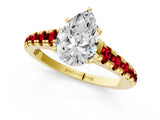 Yellow gold Pear Cut Diamond Cathedral Solitaire Ring with Round with Ruby side stone Pavé Band_25