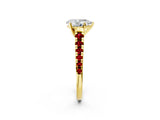 Yellow gold Pear Cut Diamond Cathedral Solitaire Ring with Round with Ruby side stone Pavé Band_26