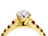 Yellow gold Pear Cut Diamond Cathedral Solitaire Ring with Round with Ruby side stone Pavé Band_28