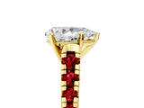 Yellow gold Pear Cut Diamond Cathedral Solitaire Ring with Round with Ruby side stone Pavé Band_29