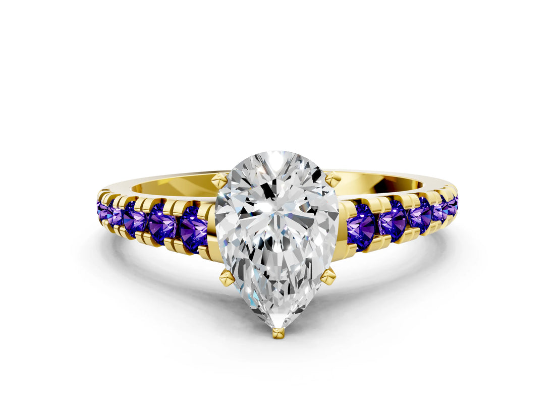 Yellow gold Pear Cut Diamond Cathedral Solitaire Ring with Round with Tanzanite side stone Pavé Band