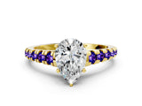 Yellow gold Pear Cut Diamond Cathedral Solitaire Ring with Round with Tanzanite side stone Pavé Band