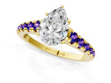 Yellow gold Pear Cut Diamond Cathedral Solitaire Ring with Round with Tanzanite side stone Pavé Band_1