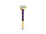 Yellow gold Pear Cut Diamond Cathedral Solitaire Ring with Round with Tanzanite side stone Pavé Band_2