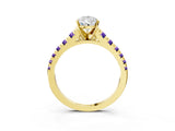 Yellow gold Pear Cut Diamond Cathedral Solitaire Ring with Round with Tanzanite side stone Pavé Band_3