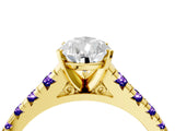 Yellow gold Pear Cut Diamond Cathedral Solitaire Ring with Round with Tanzanite side stone Pavé Band_4