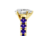 Yellow gold Pear Cut Diamond Cathedral Solitaire Ring with Round with Tanzanite side stone Pavé Band_5