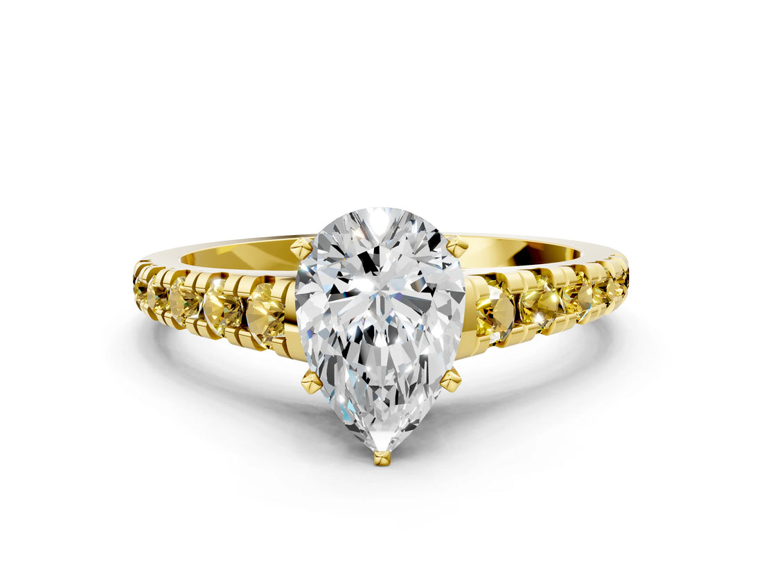 Yellow gold Pear Cut Diamond Cathedral Solitaire Ring with Round with Yellow Sapphire side stone Pavé Band_36